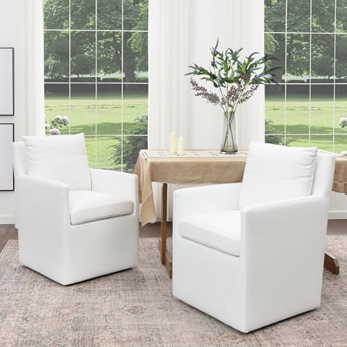 KINWELL 25" Wide No Assembly Dining Chairs with Casters Set of 2 - color: White