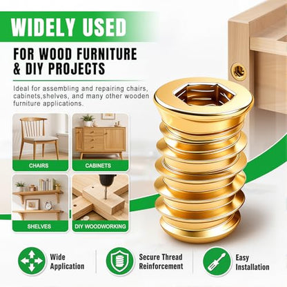 Twidec/22PCS 3/8-16 Threaded Inserts for Wood Furniture Screw-in Nut Wood Inserts Bolt Assortment Kit with Hex Wrench and Drill Bit(3/8-16x20mm) - size: 3/8-16x20mm