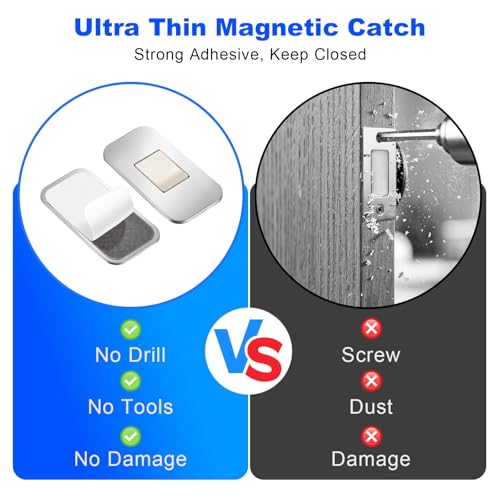 12 Pack Magnetic Cabinet Door Catch, No Drill Ultra Thin Cabinet Door Magnets, Adhesive Drawer Magnets, Stainless Steel Cabinet Latch for Kitchen, Pantry, Keep Cabinets Closed Securely Easy to Install - size: 12 Pack