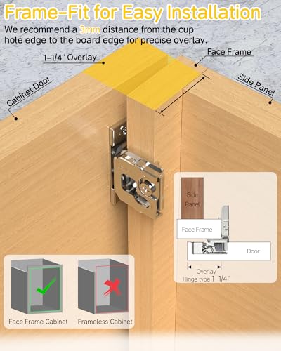Onemake 20 Pack 1-1/4" Overlay Face Frame Soft Close Cabinet Hinges, 105° Concealed Hinge, Smooth Slow Self Closing, 3D Adjustable, Hidden Hardware Replacement for Kitchen, Wardrobe, Cupboard Door - size: 1-1/4"