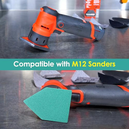 50PCS Detail Sander Sandpaper Compatible with M12 Sanders, 80, 120, 150, 180, 240 Grit (10 of Each) Triangle Sanding Sheets, 3.5 X 2.5in, Heavy Duty Hook & Loop Detail Sanding Paper