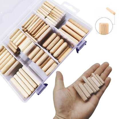 240Pcs Wood Dowels Kit 1/4 3/8 5/16 Inch Dowel Rods Pins with Tapered End with Bevel Angle Groove Wood Pegs for Repair Replacement Furniture Woodworking DIY Crafts