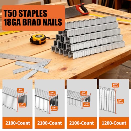 PINOZE Heavy Duty T50 Staples & 18GA Brad Nails Combo Kit, 7500-Count, 3/8" Crown T50 Staples with Toothed Chisel for Staple Gun (1/4, 3/8, 1/2 Inch) + 18 Gauge Brad Nails (5/8 Inch) - size: 7500-Count