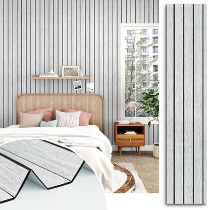 White Grey Wood Panels for Wall Slat Panel Self Adhesive Wood Slat 3D Wall Panels Peel and Stick 11.8"x197" Faux Foam Wooden Walls Panel Removable Modern Wooden Wallpaper for Bedroom Studio - size: 11.8" x 197"