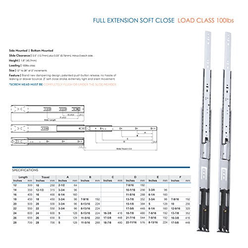 Pair of 12" Rok Hardware Soft Close Drawer Slides, Full Extension, Ball Bearing, 100 lb Weight Capacity - Available in 12", 14", 16", 18", 20", 22" and 24" Lengths - size: 12 Inch