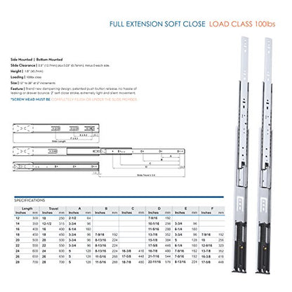 Pair of 12" Rok Hardware Soft Close Drawer Slides, Full Extension, Ball Bearing, 100 lb Weight Capacity - Available in 12", 14", 16", 18", 20", 22" and 24" Lengths - size: 12 Inch