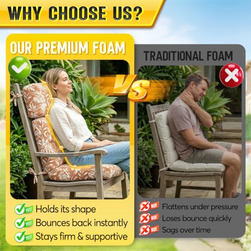 TaiBestPatio Chair Cushions High Back 44"x22"x4" Thick (Brown White Leaf) - color: Brown White Leaf
