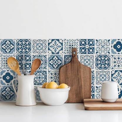 30 Pack Blue and White Peel and Stick Backsplash, 4x4 Inch Mediterranean Tile Stickers, Waterproof Vinyl Wall Decals for Kitchen & Bathroom