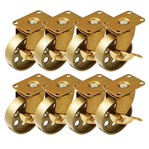 FactorDuty 3.5 inch with Brake Locking Caster Vintage Swivel Caster Copper Antique Gold Cast Iron Wheel Industrial Heavy Duty Rustic Retro Antique Cart Style 900LB Overall Capacity Set of 8