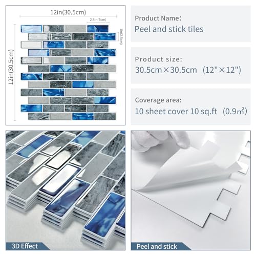 Peel and Stick Backsplash 3D Self Adhesive Marble Wall Tile 10 Sheet - color: Blue