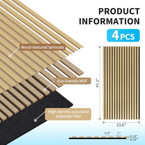 Art3d 47 x 23.6 Inch Acoustic Wood Slat Design Wall Panels, 4-Pack, Oak - color: Oak, size: 23.6" x 47"
