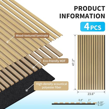 Art3d 47 x 23.6 Inch Acoustic Wood Slat Design Wall Panels, 4-Pack, Oak - color: Oak, size: 23.6" x 47"