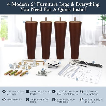 Airy Abode Premium Walnut Wood Furniture Legs (Full Install Kit) - Pick Your Size and Color - color: Brown, size: 6 Inches