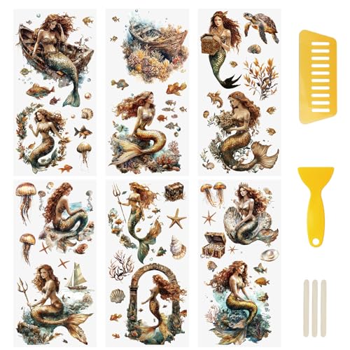 WANDIC 6 Sheets Rub On Transfer Stickers, Vintage Gold Mermaid Waterproof Decals Furniture Craft Decorative, Junk Journals for DIY Cabinet, 15 * 30cm - color: Retro Golden Mermaid