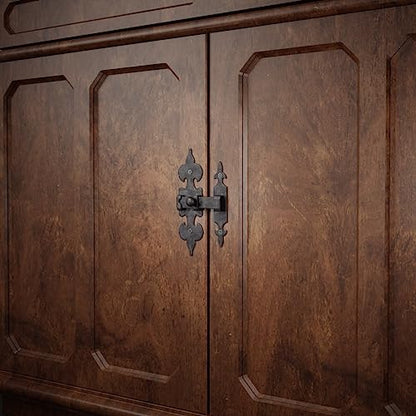 Renovators Supply Manufacturing Cabinet Latch 6 in. X 4.5 in. Wrought Iron Fleur De Lis Cabinet Door Latch Lock with Mounting Hardware - size: Pack of 1