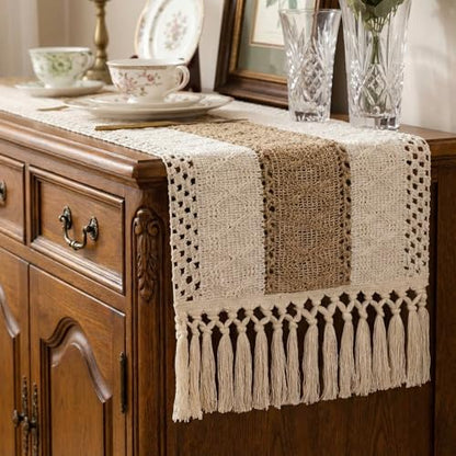 Boho Macrame Table Runner with Tassels 108in Brown Farmhouse Runner - color: White & Brown, size: 12'' x 108''