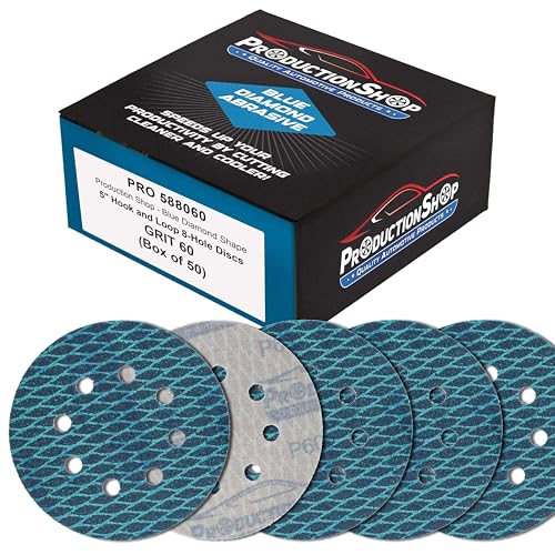 ProductionShop Premium 60 Grit 5" Rhombus Diamond Shape Blue Sanding Discs, 8-Hole, Box of 50 - Hook & Loop Anti-Clogging J-Cloth Dustless Sandpaper for Random Orbital Sanders, Sand Auto Paint, Wood - style: 60 Grit