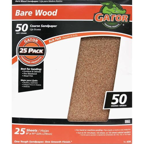 Gator 9" x 11" Bare Wood Sanding Sheets, 50 Grit, 25 Pack - size: 50 Grit