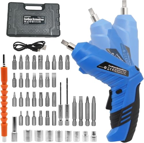 Blue Cordless Electric Screwdriver Set, 3.7V Rechargeable Small Electric Drill with 47pcs Driver Bit Set, Power 3Nm Screw Gun with 2 Position Handle, Flexible Shaft LED Light for Men Women - color: Blue