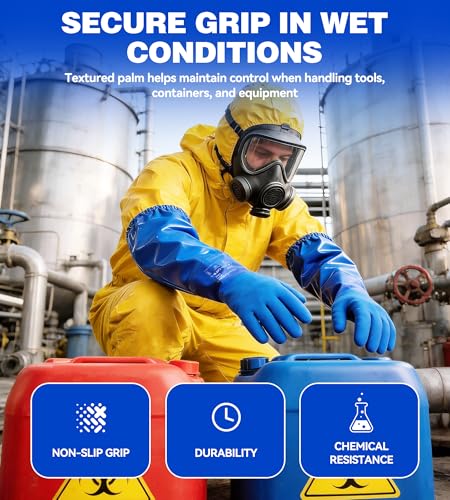 AnTools 25" Heavy-Duty PVC Chemical Gloves, Waterproof Long-Sleeve Work Gloves with Cotton Liner and Non-Slip Grip, for Lab, Pool Cleaning, Oil, and Industrial Work, Blue, Large