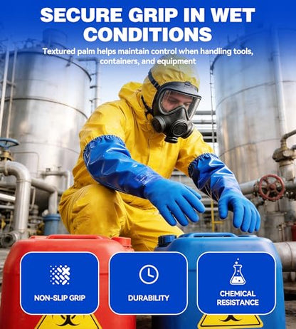 AnTools 25" Heavy-Duty PVC Chemical Gloves, Waterproof Long-Sleeve Work Gloves with Cotton Liner and Non-Slip Grip, for Lab, Pool Cleaning, Oil, and Industrial Work, Blue, Large