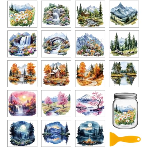 GLOBLELAND 18 Sheets Natural Scenery Rub on Transfers Mountains and Rivers Landscape Waterproof UV DTF Cup Wraps Waterfall Forest Winter Seasons Decals Stickers for Water Glass Bottle Vase Crafts - style: Scenery
