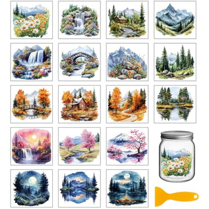 GLOBLELAND 18 Sheets Natural Scenery Rub on Transfers Mountains and Rivers Landscape Waterproof UV DTF Cup Wraps Waterfall Forest Winter Seasons Decals Stickers for Water Glass Bottle Vase Crafts - style: Scenery