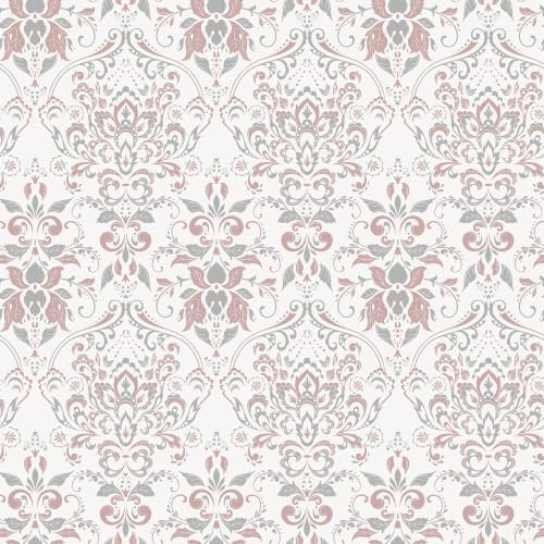 Pink Damask Peel and Stick Floral Wallpaper Vintage Grey Contact Paper - color: Pink White