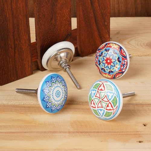 Ajuny Multicolor Ceramic Knobs Set 10 Printed Cabinet Drawer Pull Handles - color: Blue Multi