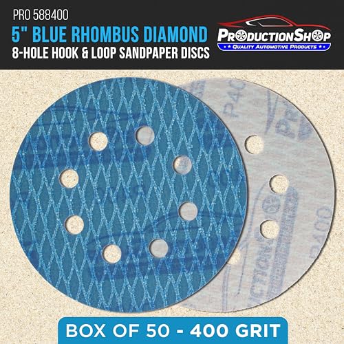 ProductionShop Premium 400 Grit 5" Rhombus Diamond Shape Blue Sanding Discs, 8-Hole, Box of 50 - Hook & Loop Anti-Clogging J-Cloth Dustless Sandpaper for Random Orbital Sanders, Sand Auto Paint, Wood - style: 400 Grit