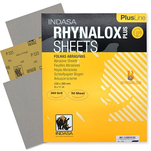 Indasa 50 PCS 9x11 Sandpaper Rhynalox Plusline - 360 Grit Dry Sanding Sheets, Professional-Grade Abrasive for Wood, Metal, Automotive, and Paint Finishing - Durable, Clog-Resistant Sand Paper - size: 360 GRIT 9x11" Rhynalox