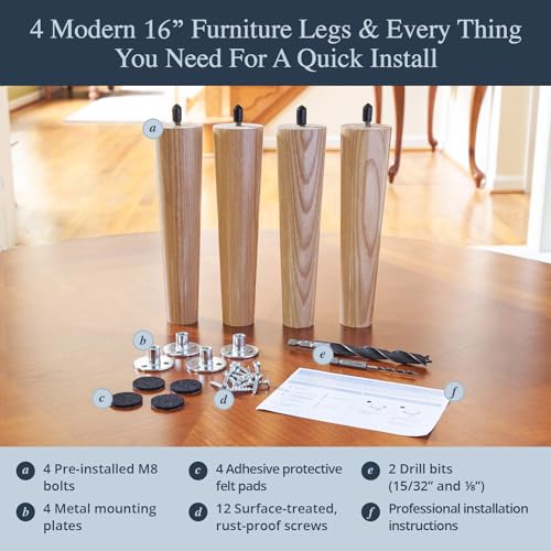 Airy Abode Premium Ash Wood Furniture Legs (Full Install Kit) - Pick Your Size and Color - color: Ash, size: 16 Inches
