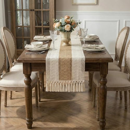 Boho Macrame Table Runner with Tassels 108in Brown Farmhouse Runner - color: White & Brown, size: 12'' x 108''