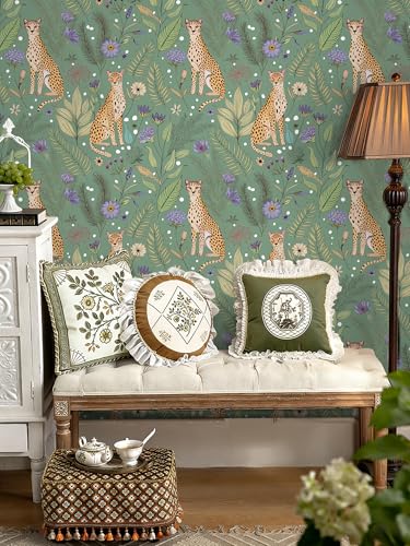 Floralplus Cheetah Peel and Stick Wallpaper Sage Green Wallpaper - color: Sage Green, size: 17.5" x 118"
