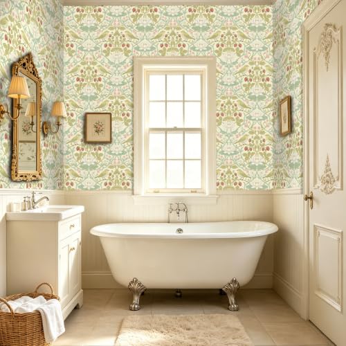 BOKEBEVE Bird Floral Wallpaper Peel Stick Beige Yellow Green 17.5 x 118In - color: Beige/Yellow, size: 17.5" x 118"