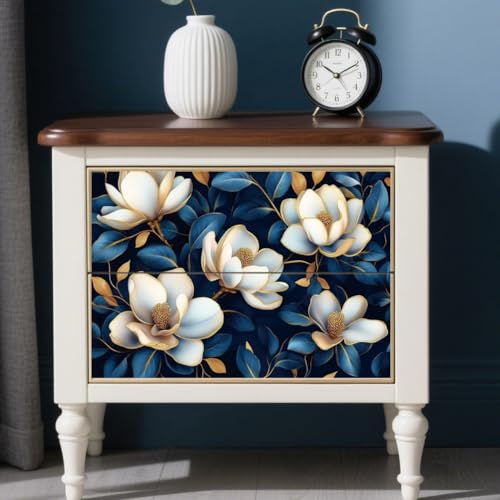 Peacoblue Blue Magnolia Rub On Transfers for Furniture 6"x12" - style: Gold Edges and Blue Background
