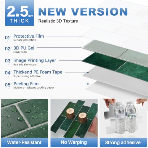 Thicker Design Peel and Stick Wall Tile，Self Adhesive Backsplash Tiles for Kitchen & Bathroom (10 Sheets, Green) - color: Green With Grey Grout