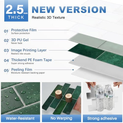 Thicker Design Peel and Stick Wall Tile，Self Adhesive Backsplash Tiles for Kitchen & Bathroom (10 Sheets, Green) - color: Green With Grey Grout