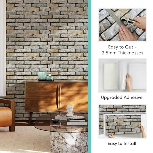 Commomy Peel and Stick Faux Stone 3D Wall Panels 12 pcs of 22.8" x 11.8" - color: Large Brick-J