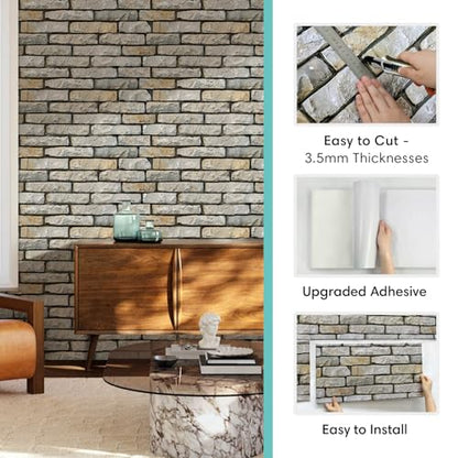 Commomy Peel and Stick Faux Stone 3D Wall Panels 12 pcs of 22.8" x 11.8" - color: Large Brick-J