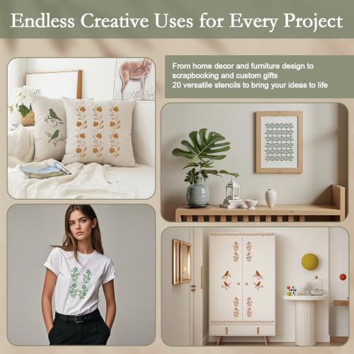 20-Piece Reusable Stencils for Painting – Elegant Lace & Bird Designs, Large Wall & Wood Stencils for DIY Crafts, Canvas, Furniture & Home Decor