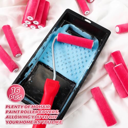 Leumoi 16 Pcs 4" Mini Mohair Paint Roller Covers Kit,Pink - color: Pink