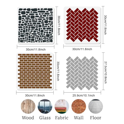 3Pcs Tile Texture Stencils for Painting, 11.8"x11.8" Reusable Splicing Brick Herringbone Stencil Drawing Templates, DIY Craft Paint Templates for Wall Home Decor Wood Burning Canvas Journal - style: Tile Texture A