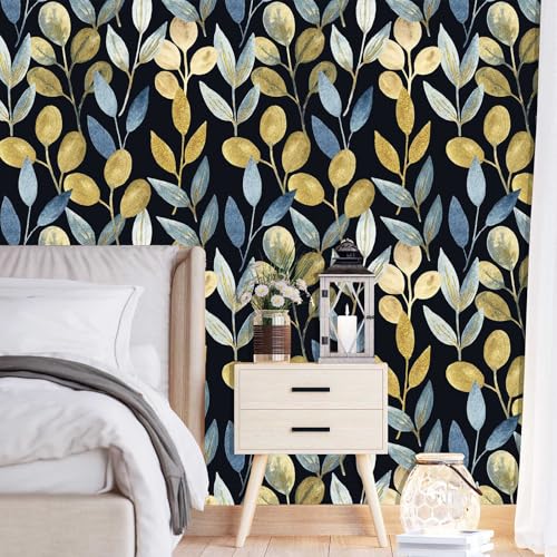 Black and Gold Leaf Peel and Stick Wallpaper 17.7" x 70.8" - color: Blue/gold/Black, size: 17.7" x 70.8"