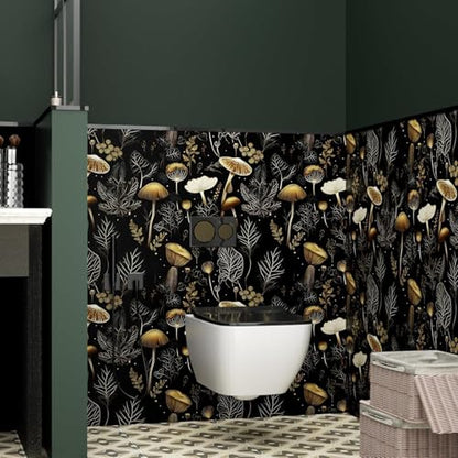 Laatse Dark Mushroom Wallpaper Peel and Stick 17.5" x 197",Black Gold - color: Black Gold, size: 17.5" x 197"