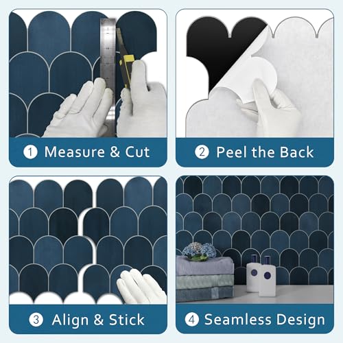 10-Sheet Fish Scale Peel and Stick Backsplash Tile, 11.4" x 10.9" Stone Composite Scallop Handmade Looks Self-Adhesive Wall Tiles for Kitchen Bathroom, Blue Mixed - color: Blue Mixed, size: Fish Scale