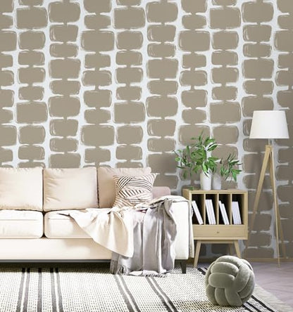 Safiyya 17.3"x197" Peel and Stick Wallpaper Mid Century Modern Abstract Contact Paper Geometric Wall Paper Self Adhesive Removable Wallpaper for Bathroom and Bedroom Vinyl, Light Brown and White - color: Light Brown and White, size: 17.3" x 197"
