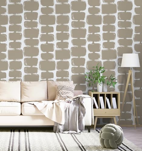 Safiyya 17.3"x393" Peel and Stick Wallpaper Mid Century Modern Abstract Contact Paper Geometric Wall Paper Self Adhesive Removable Wallpaper for Bathroom and Bedroom Vinyl, Light Brown and White - color: Light Brown and White, size: 17.3" x 393"