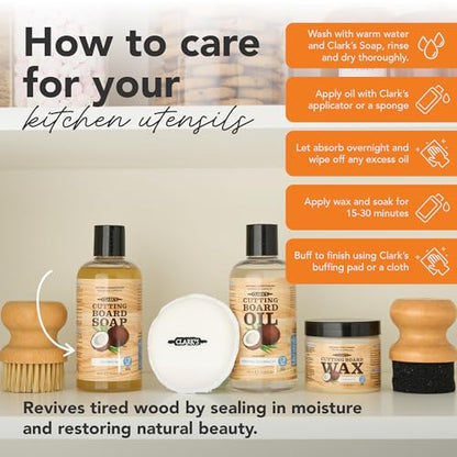 CLARK'S Cutting Board Care Kit with Coconut Oil - Includes Wax, Soap, Scrub Brush, Buffing Pad, and Applicator - for Kitchen Countertops, Butcher Blocks, Wooden Bowls and Utensils - Food Safe - style: Coconut Oil Extracts(Full Care Set)