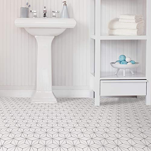 FloorPops Kikko White/Off-White Peel and Stick Floor Tiles - size: 60"L x 24"W x 0.06"T